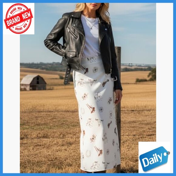 High Waist Maxi Skirt A-Line Western Print Silk Touch Polyester - Picture 5 of 7
